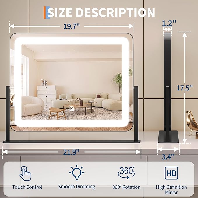 19.6"x15.7" Vanity Mirror with Lights, Large Lighted Mirror, LED Makeup Mirror with 3-Color Dimmable Modes and Smart Touch Control, Perfect for Desk or Bedroom, Vanity Desk Tabletop Makeup, White
