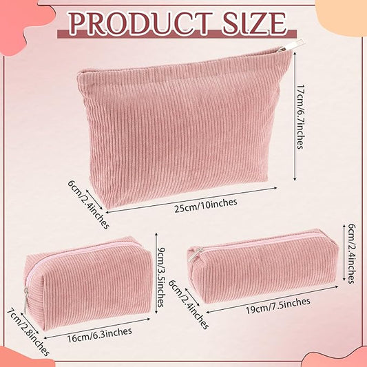 3 Pcs Makeup Bag Set for Women Corduroy Cosmetic Pouch Aesthetic Smile Travel Toiletry Bag Cute Purse Pouch Pencil Case Makeup Brushes Storage Organizer for Christmas(Pink,Solid Style)