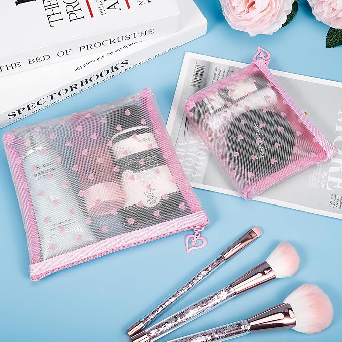 6 Pack Mini Zipper Mesh Makeup Bags, Heart Print Nylon Cosmetic Bags Toiletry Bags for Office Travel Organization (Widened-Pink, XS)