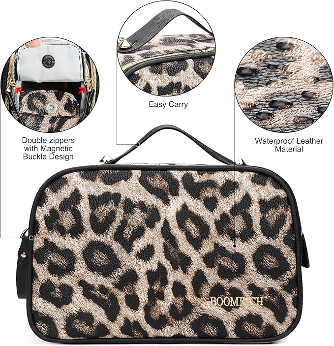 BOOMRICH Large Travel Makeup Bag, Cosmetic Bag, Toiletry Bag for Women, Water-Resistant Leather Toiletry Organizer, Dopp Kit for Toiletries Accessories, Leopard