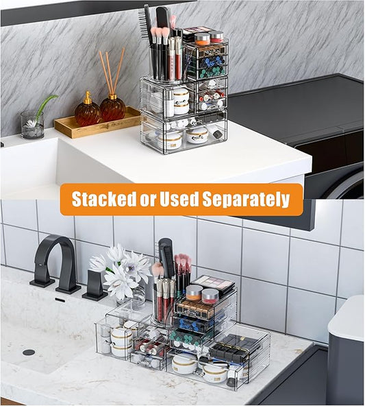3 Pack Clear Makeup Organizer Countertop,9 Drawers Bathroom Vanity Organizer with Make up Brush Holder,Make up Organizers for Counter,Skincare Organizers for Dresser Top Beauty,Hair Product Organizer