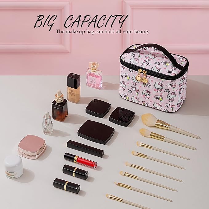 AmBealla Cosmetic Bag Large Makeup Bags Pink Travel Case with Makeup Brush Holder，2PCS Cosmetic Organizer for Women, Toiletry Storage Bag for Skincare & Beauty Tools Sweet Cute for Girls