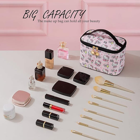 AmBealla Cosmetic Bag Large Makeup Bags Pink Travel Case with Makeup Brush Holder，2PCS Cosmetic Organizer for Women, Toiletry Storage Bag for Skincare & Beauty Tools Sweet Cute for Girls