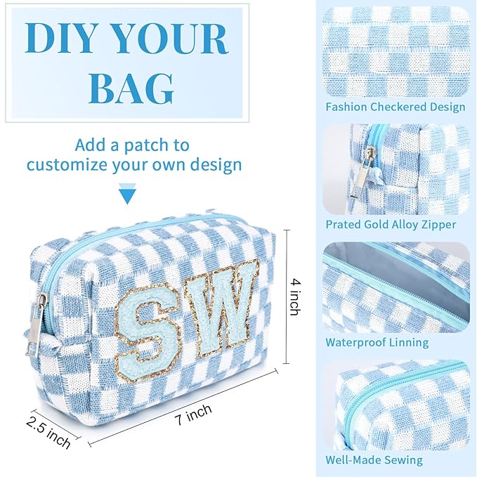 6 Pcs Preppy Makeup Bag Bulk Checkered Cosmetic Bag Light blue Makeup Pouch Personalize Travel Toiletry Bag Organizer Cute DIY Makeup Brushes Storage Bag for Women