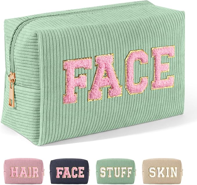 MAGEFY Small Makeup Bag for Purse Portable Makeup Pouch with Compartments Corduroy Make up Bag for Women Travel Cosmetic Essential (Green, FACE)