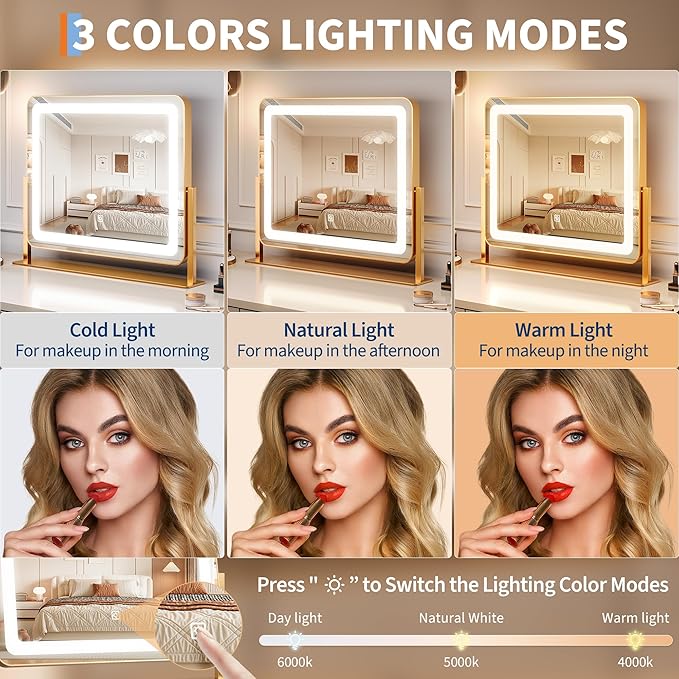 19.6"x15.7" Vanity Mirror with Lights, Large Lighted Mirror, LED Makeup Mirror with 3-Color Dimmable Modes and Smart Touch Control, Perfect for Desk or Bedroom, Vanity Desk Tabletop Makeup, Gold