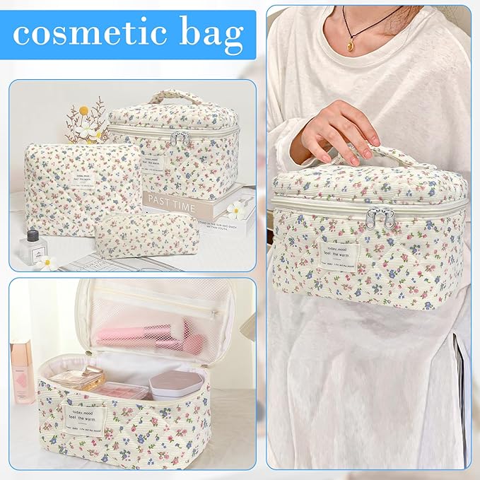 3 Piece Floral Corduroy Quilted Makeup Bag Set, Large Capacity Travel Makeup Bags for Women and Girls, Includes Small, Medium, and Large aesthetic makeup&Cosmetic Bags