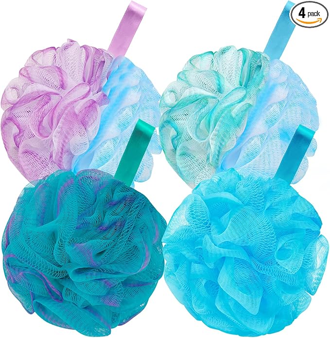 Bath Loofah Shower Sponge Body Back Scrubber Soft Mesh Shower Puffs Exfoliating Loofa for Women & Men Bath Accessories Cleaning Tool (4Pcs 75G, Extra Large)
