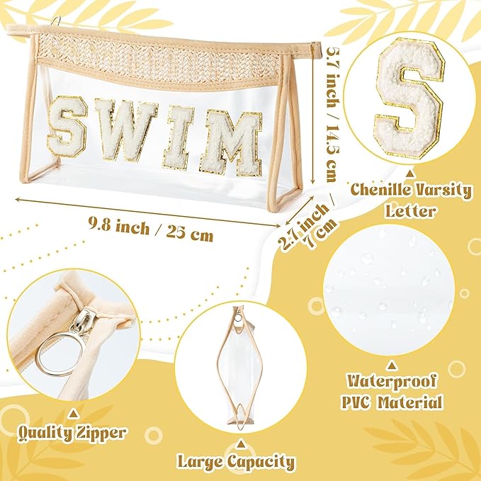 Boho Patch Cosmetic Bag - Summer SWIM Chenille Varsity Letter Toiletry Kit Beige Clear Waterproof Travel Makeup Bag PVC Zipper Clutch Daily Use Purse Summer Gift for Women Girls