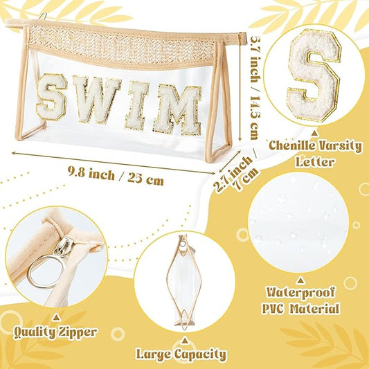 Boho Patch Cosmetic Bag - Summer SWIM Chenille Varsity Letter Toiletry Kit Beige Clear Waterproof Travel Makeup Bag PVC Zipper Clutch Daily Use Purse Summer Gift for Women Girls