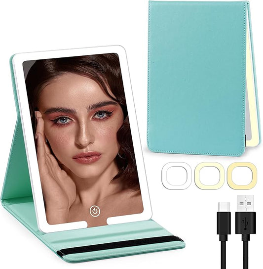 Travel Mirror with LED Lights - 8x5.5inch Lighted Makeup Mirror 3 Color Modes, Portable Vanity Mirror with Light of PU Leather, Desktop Cosmetic Light Up Mirror, Travel Accessories for Women