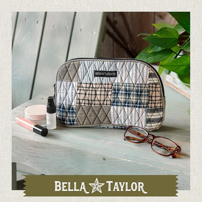 Bella Taylor Large Quilted Cotton Makeup Pouch for Women, Travel Cosmetic Bag, Quilted Cotton Ashmont Tan, Grey and Cream Patchwork