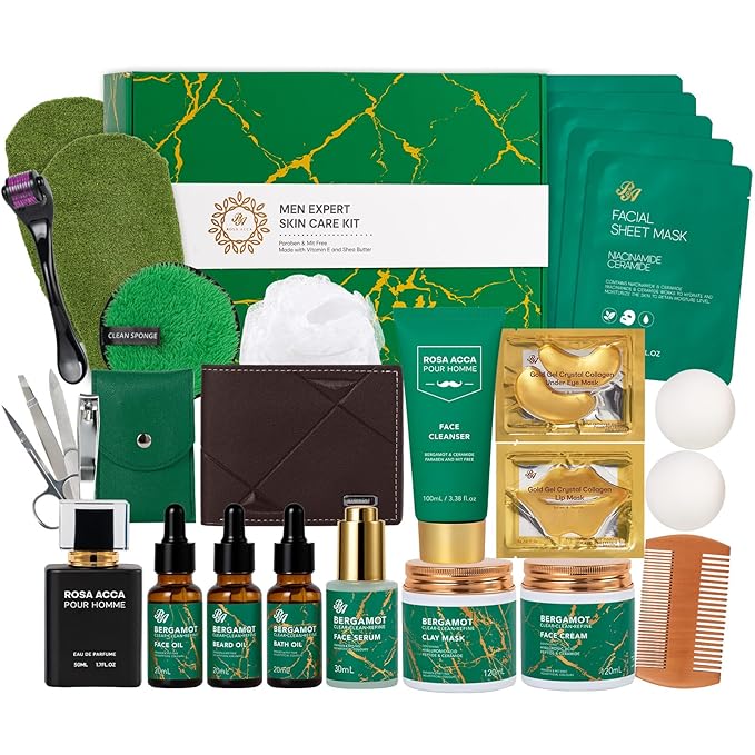 Christmas Gifts for Men, 30 Pcs Men Bergamot Facial Skin Care Set, Beard Grooming Kit, Spa and Bath, Self-Care Gift, Face Cleanser, Beard Oil, Serum, Parfume, Birthday, Valentines, Husband, Dad