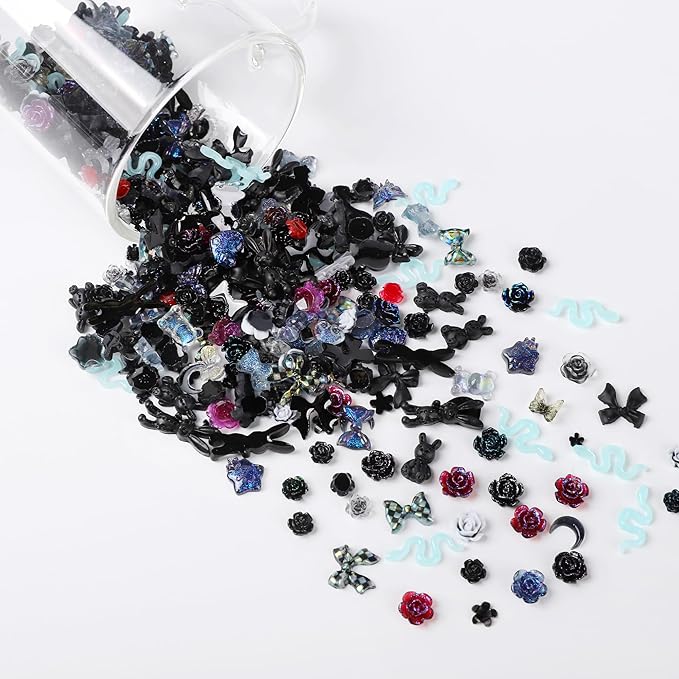 110 Pieces 3D Nail Charms for Acrylic Nails, Camellia Rose Flower Butterfly Bowknot Heart Bear Rabbit Star Charms for Nail Art Designs DIY Accessories Craft(Black)