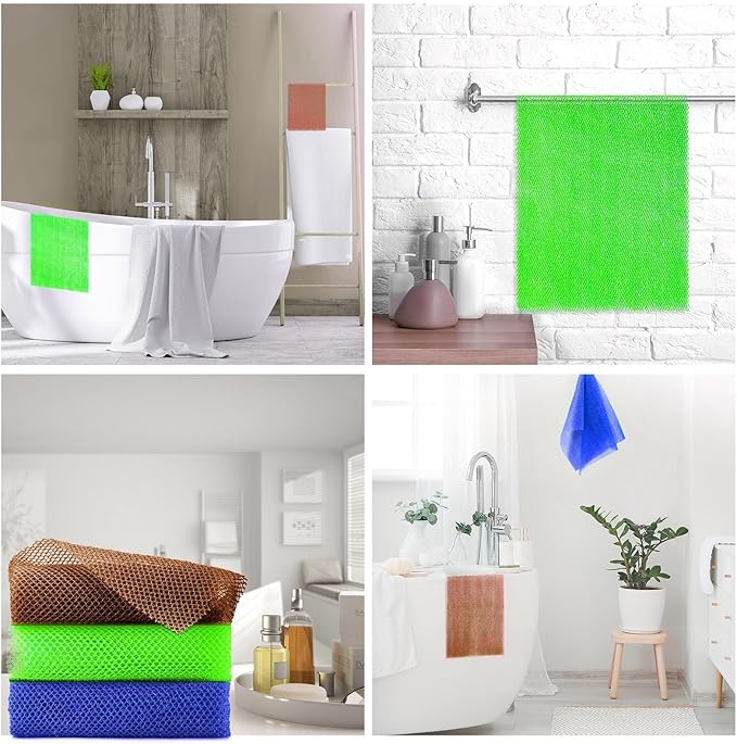 3 Pieces African Bath Sponge African Net Long Net Bath Sponge Exfoliating Shower Body Scrubber Back Scrubber Skin Smoother,Great for Daily Use (Brown、Blue、Green)