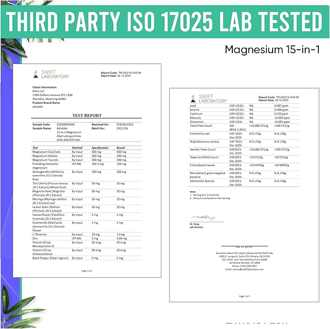 Adndale 90ct 15-in-1 Magnesium Glycinate Gummies 400 mg/serv- with Magnesium Malate, Ashwagandha, Tart Cherry, Magnolia Bark, Lemon Balm, Passionflower, Chamomile, L-Theanine, Zinc, Vitamin K2 & D3