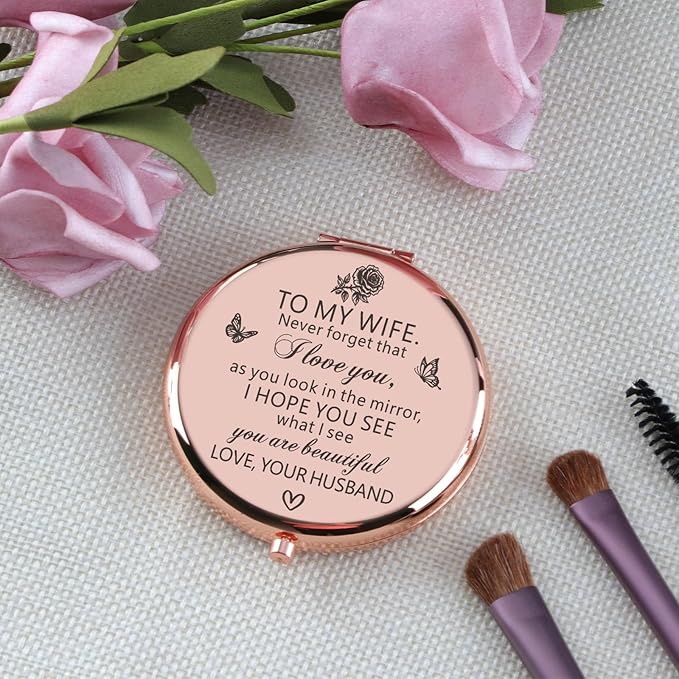 Gifts for Wife from Husband Love You Wife Gifts Rose Gold Compact Mirror Birthday Wedding Anniversary Valentines Day Mothers Day for Wife from Husband Romantic Gifts for Her