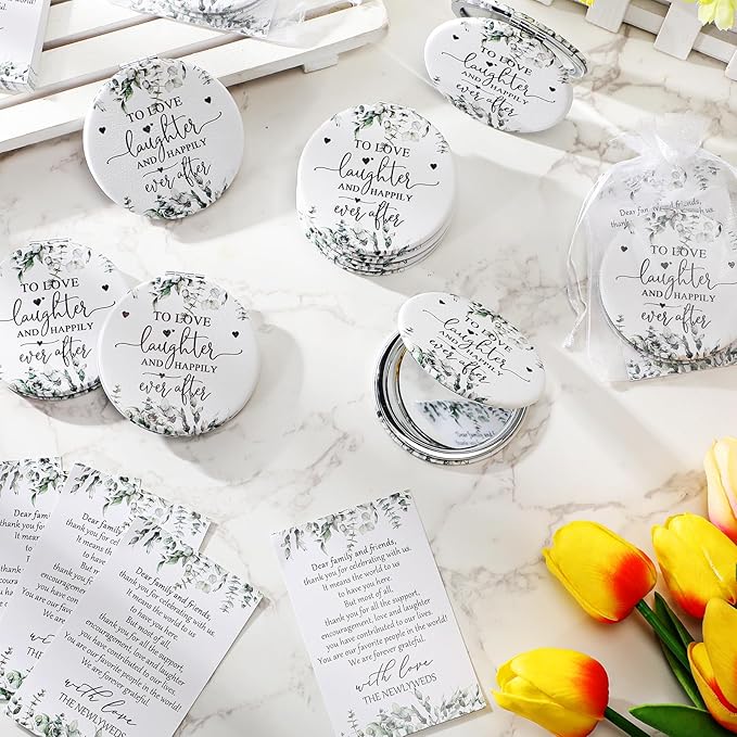 25 Sets Bridal Shower Party Favors for Guests Compact Mirror Bulk to Love Round Portable Mirrors Leather Compact Mirrors Thank You Cards with Organza Bags Wedding Guests Souvenir Gift