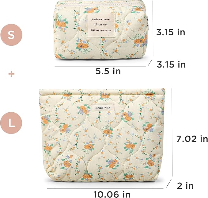 2 Pieces Floral Makeup Bag, Cute Travel Quilted Pouch Cosmetic Bag Organizer, Small Cotton Coquette Aesthetic Purse Toiletry Bag for Women Girls accessories (2PCS-Beige Floral)