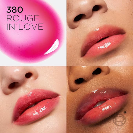 L'Oreal Paris Plump Ambition Hyaluron Lip Oil, 24 HR Lip Gloss with Hyaluronic Acid, Volumizing Formula with Glass-Like Shine, Rouge In Love 380, 0.16 Fl Oz