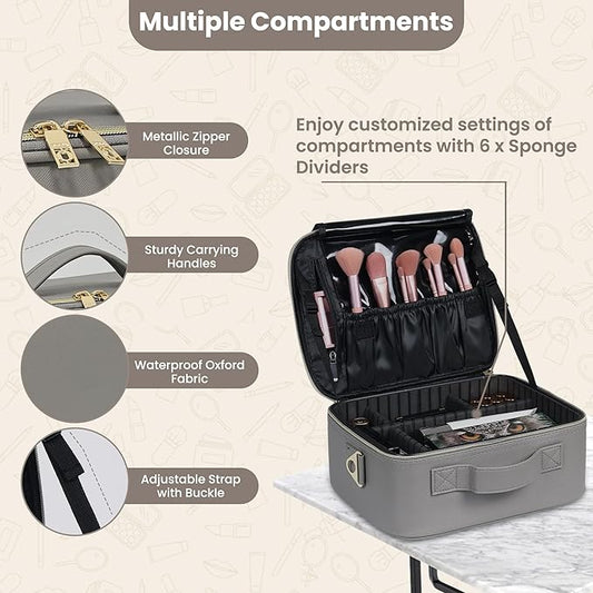 Makeup Travel Case, 12 Inch Makeup Organizer Bag with with Compartment and Dividers, Portable Cosmetic Bag with Brush Storage Sturdy Dual Zip Closure (Gray)