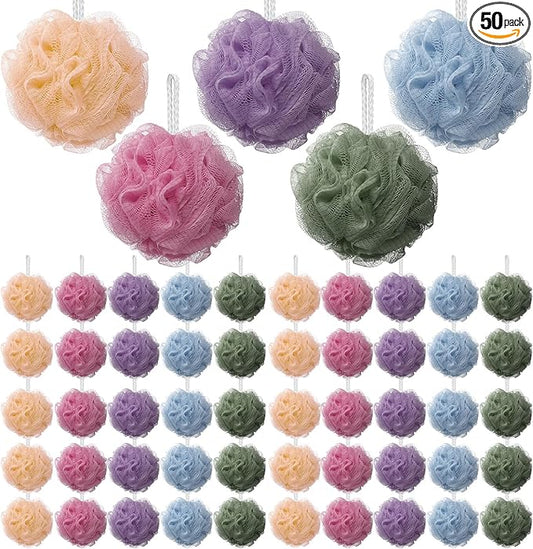 Nitial 50 Pcs Large Bath Shower Loofah Sponge Bulk 60g Exfoliating Bath Sponge Soft Shower Scrunchies Colorful Bath Loofahs for Men Women Shower (Soft Color)