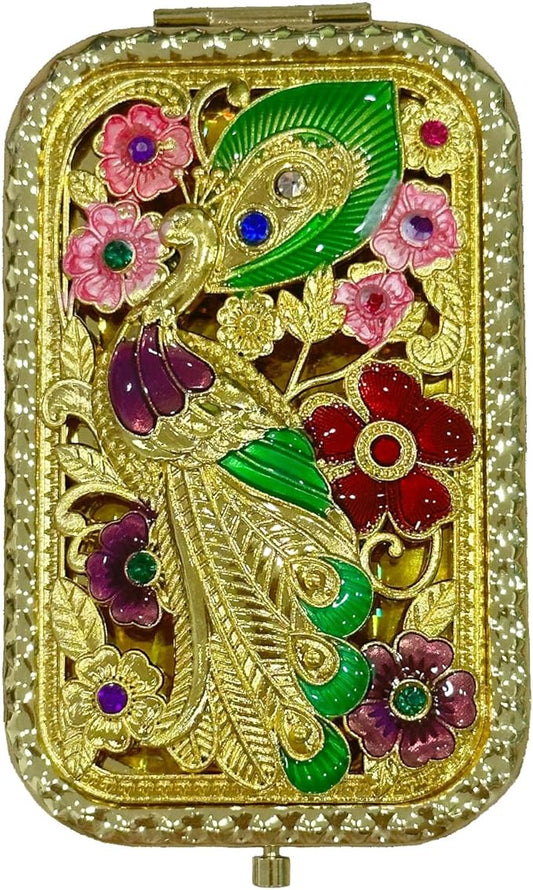 1PC Vintage Peacock with Head Up Pattern Cosmetic Makeup Pocket Purse Magnification Jewel Mirror （Rectangle）