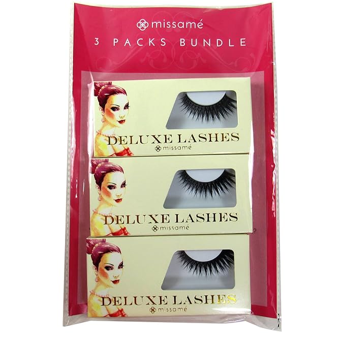 Missamé FRISKY Glamour Flare False Eyelashes Set Handmade with Premium Synthetic Fibers, Black, 3 Pairs