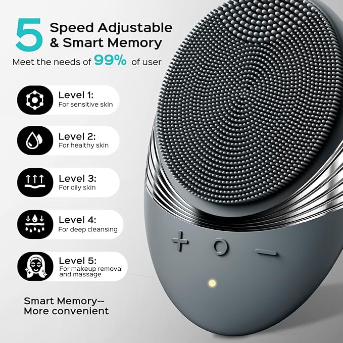 COSLUS Facial Cleansing Brush Face Scrubber : Portable Silicone Waterproof Rechargeable Face Wash Brush, 5 Cleansing Modes, Electric Deep Cleaning for Men & Women, Removing Blackhead, Exfoliating