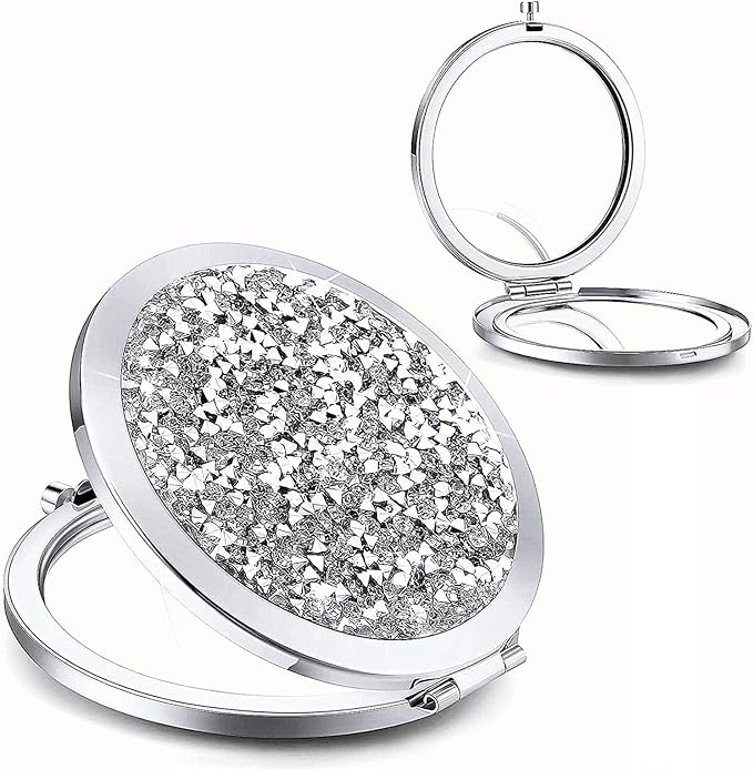 Magnifying Silver Compact Mirror - Mix Diamond Mirrors 1x/2x Magnification Travel Makeup Mirrors,Double Sided Small Pocket Mirror,Folding Purse Mirror,Cosmetic Mirror for Gift