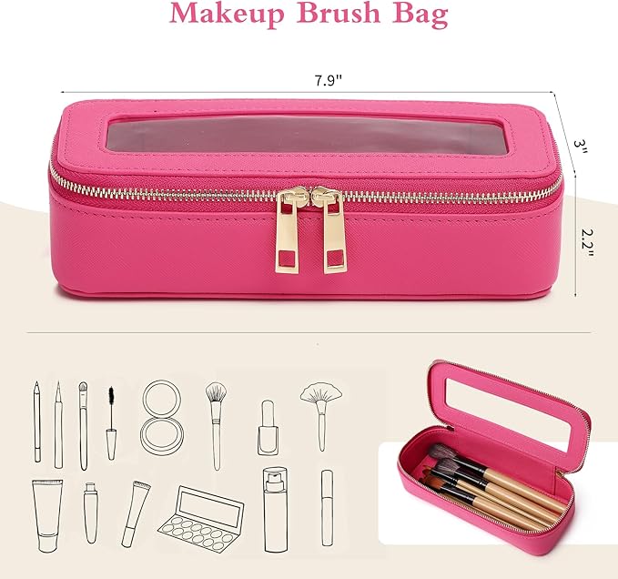 Makeup Brush Case Clear Travel Cosmetic & Toiletry Bag Small Makeup Bag with Zipper Purse Organizer Car Essential Bag for Women (X/Fuxia, SLIM)
