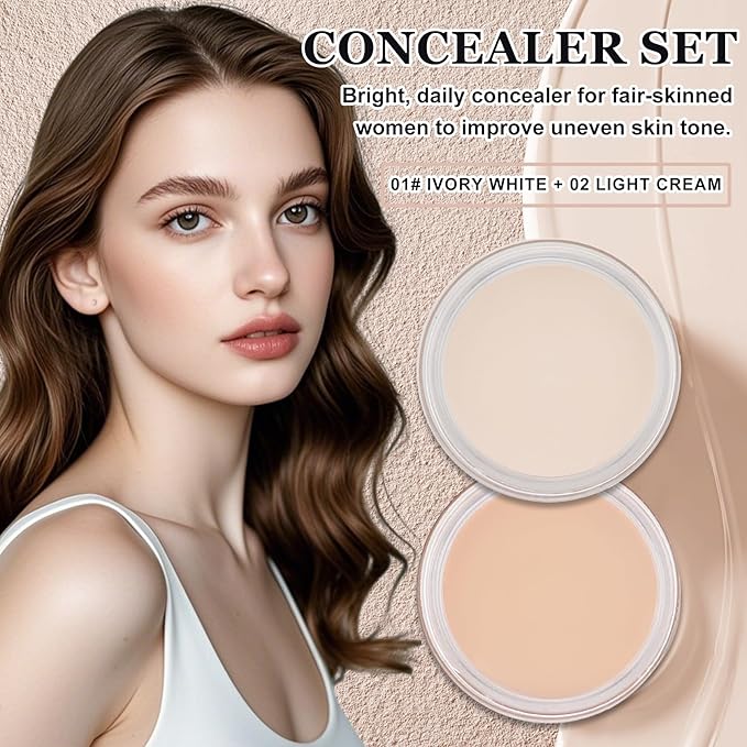 2PCS Under Eye Corrector White Concealer Full Coverage,Pro Cream Concealer Makeup,Waterproof Color Correcting Corrector de Ojeras (01 Ivory White+02 Light Cream)