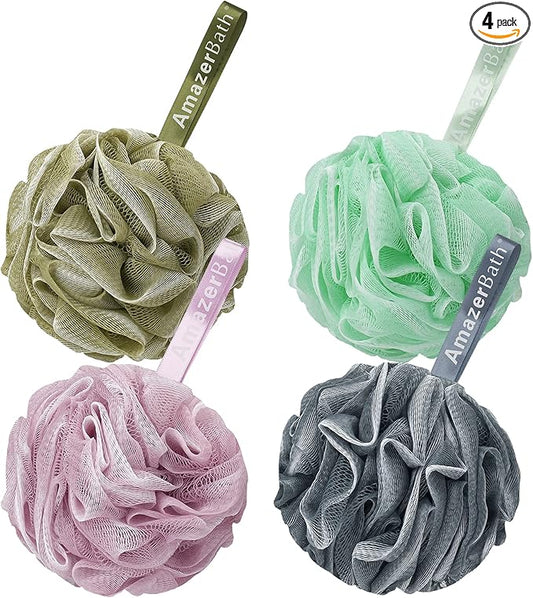 AmazerBath Loofah Sponge 60g/Piece, Exfoliating Bath Sponge Body Scrubber, Loofa Set of 4 - White Grey-Pink-Army Green-Green
