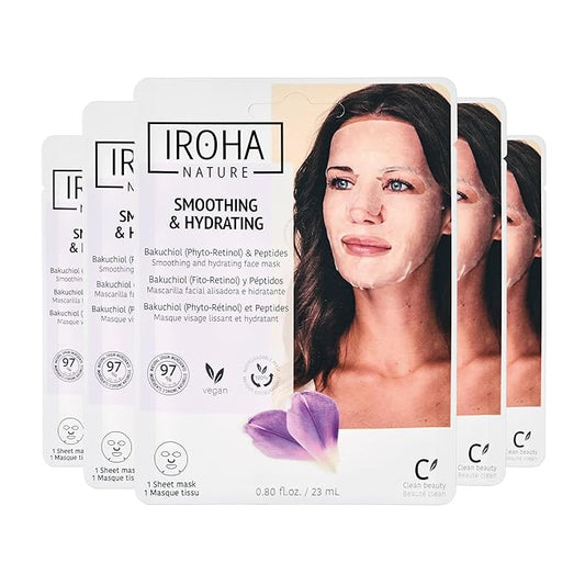 IROHA NATURE Firming & Anti-Aging Tissue Face Mask with Phyto Retinol (Bakuchiol) & Peptides (Pack of 5) | Improves Firmness & Elasticity | Results in 15 Minutes | Cruelty-Free