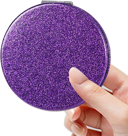 Acedada Pocket Mirror, Compact Mirror, Small Mirror for Purse with Glitter, Portable Travel Makeup Mini Mirror, Folding Handheld 2-Sided 1x/2x Magnifying Compact Mirror for Women Girls - Purple
