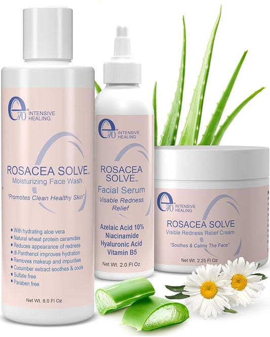 Rosacea Treatment Skincare for Women & Men - Face Wash, Rosacea Cream & Face Serum, Moisturizer Redness Reducing Skin Care with Aloe Vera, Hyaluronic Acid & Fruit Extracts, Made in USA by e70