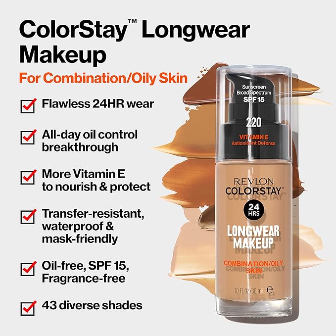 Revlon Liquid Foundation, ColorStay Face Makeup for Combination & Oily Skin, SPF 15, Longwear Longwear Medium-Full Coverage with Matte Finish, Natural Tan (330), 1 fl oz