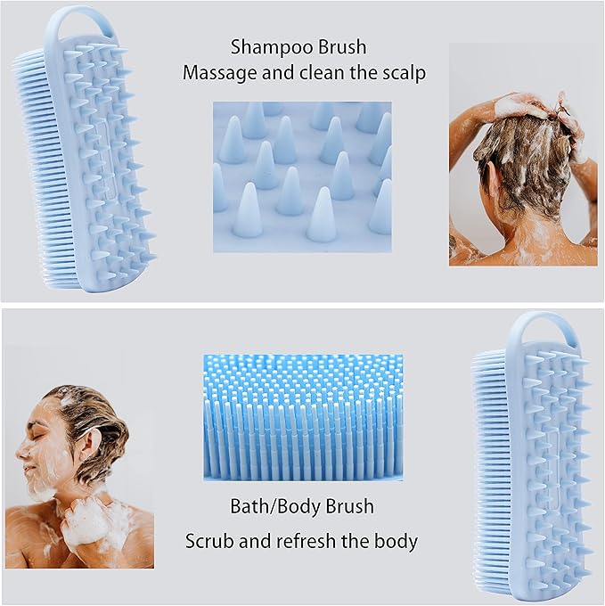 2 PC Silicone Exfoliating Body Scrubber, 2 in 1 Silicone Body Shampoo Brush, Soft Silicone Loofah for Sensitive Skin, Shower Silicone Hair Scalp Massager, Easy to Clean, Lather Well (Grey&Blue)
