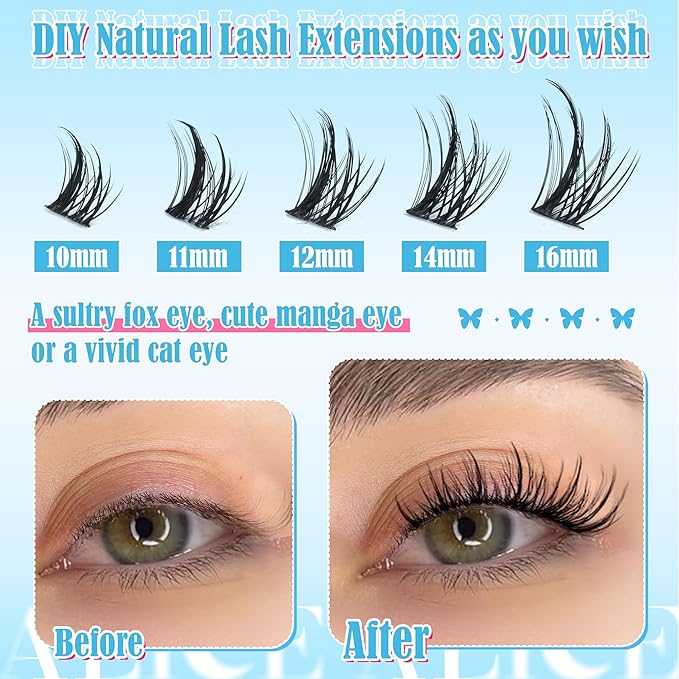 ALICE Natural Lash Clusters DIY Lash Extensions Wispy Eyelash Clusters Anime Cat Eye Cluster Eyelash Extensions10-16mm Individual Lashes 144pcs