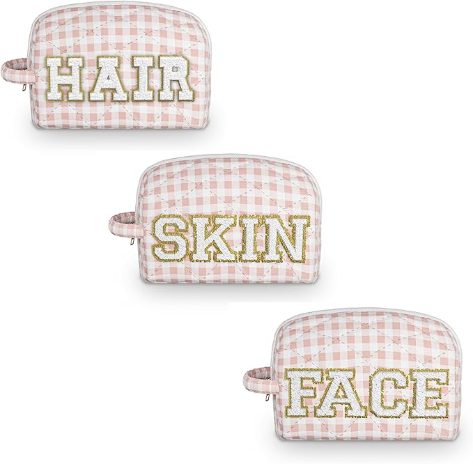 3pc Checker Makeup Cosmetic Bag Preppy Patch Travel Pouch for Women Chenille Letter Patch Small Portable Cosmetic Bag (Pink & White) (Bag With Handle)