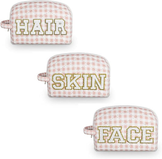 3pc Checker Makeup Cosmetic Bag Preppy Patch Travel Pouch for Women Chenille Letter Patch Small Portable Cosmetic Bag (Pink & White) (Bag With Handle)