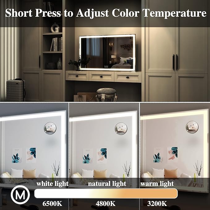 ANYHI Extra Large Vanity Mirror with LED Light, 40"x24.3" Big Size Lighted Vanity Mirror with 10X Magnifying, Tabletop/Wall Mounted, 3 Color Modes, Silver