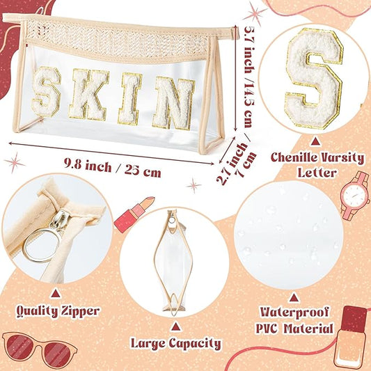 Boho Patch Cosmetic Bag - Summer Gift SKIN Chenille Varsity Letter Toiletry Kit Beige Clear Waterproof Travel Makeup Bag PVC Zipper Clutch Daily Use Purse for Women Girls