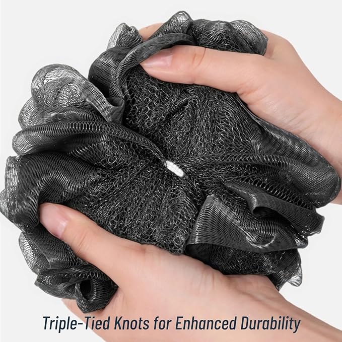 6-Pack 80g Shower Loofah for Men – Extra-Large Body Sponge with Triple-Tied Knots, High-Density Mesh, Rich Lather, Durable Exfoliating Pouf (Black)