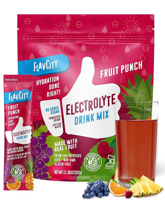 FlavCity Fruit Punch Electrolytes Powder Packets - 28 Hydration Packets - No Added Sugar - Hydration Powder with Real Fruit & Unrefined Sea Salt - Keto & Gluten-Free (28 Stick Packs)