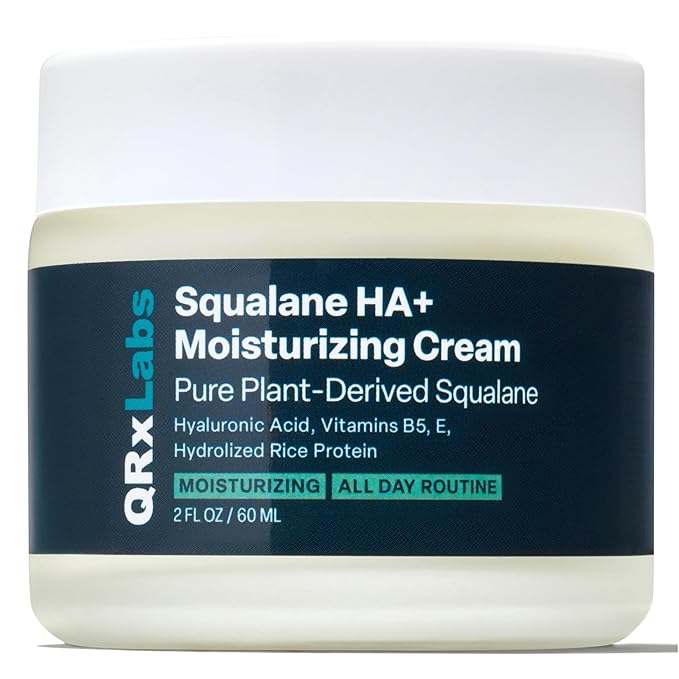 QRxLabs Plant-Based Squalane HA+ Moisturizing Cream with Hyaluronic Acid – Sugarcane-Derived Squalane Face & Body Moisturizer – 2 Fl Oz (60 mL)