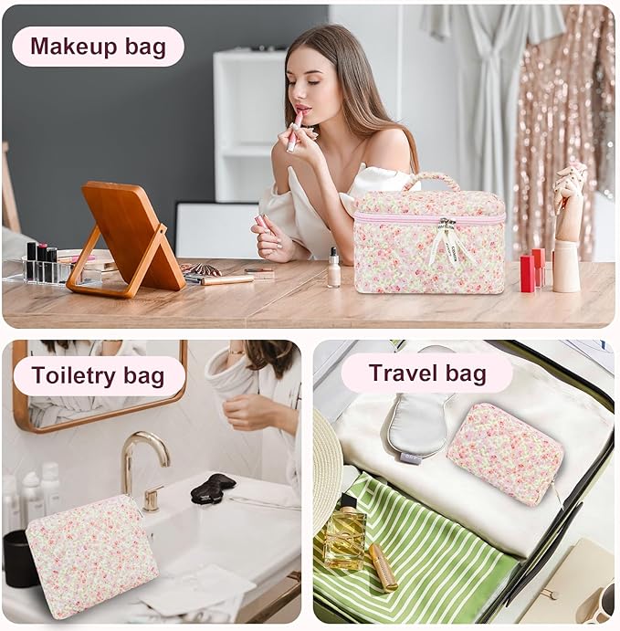 4Pcs Quilted Makeup Bag Set Cute Floral Cosmetic Bag Cotton Coquette Make up Bag Aesthetic Travel Toiletry Bag for Women Girls