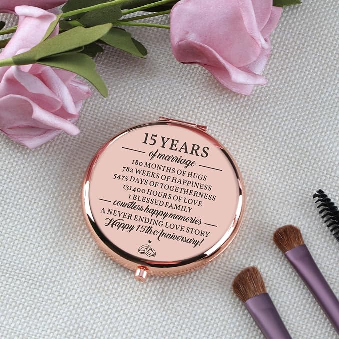 15 Years Anniversary Wedding Gifts for Her Rose Gold Compact Mirror Happy 15th Anniversary Marriage Gift 15th for Her Wife Mom