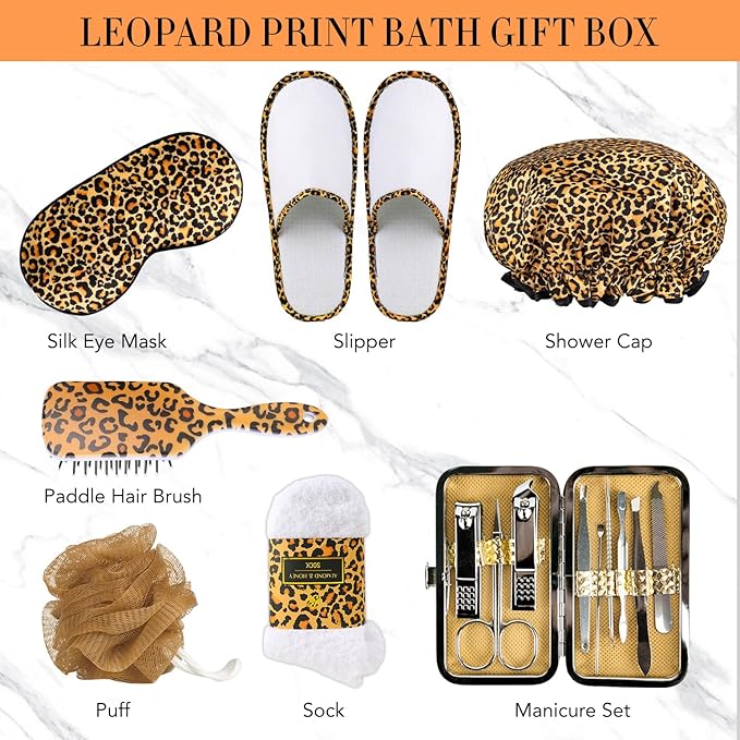 Bath Gift Set for Women, XXL 20 Pcs Skin Care Set Leopard Print Spa Gifts for Birthday, Mother's Day, Valentine's Day, Christmas, Home Spa Kits with Shower Gel, Body Lotion, Shower Cap, Manicure Set
