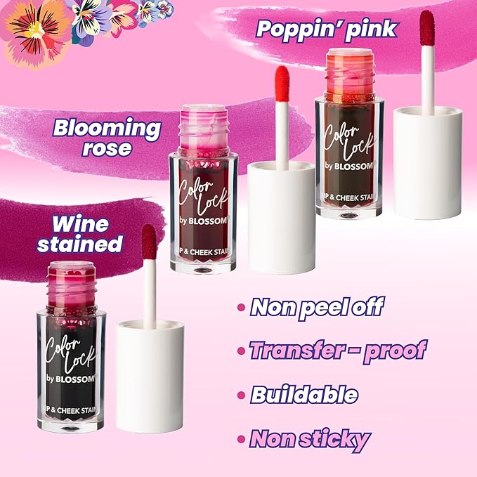 Blossom Lip Gloss Color Lock Lip Stain & Tint, Hydrating, Longlasting, Buildable, Non Drying, Smudgeproof + Transfer Proof, Made in USA with Doe Foot Applicator, 0.14oz, Blooming Rose